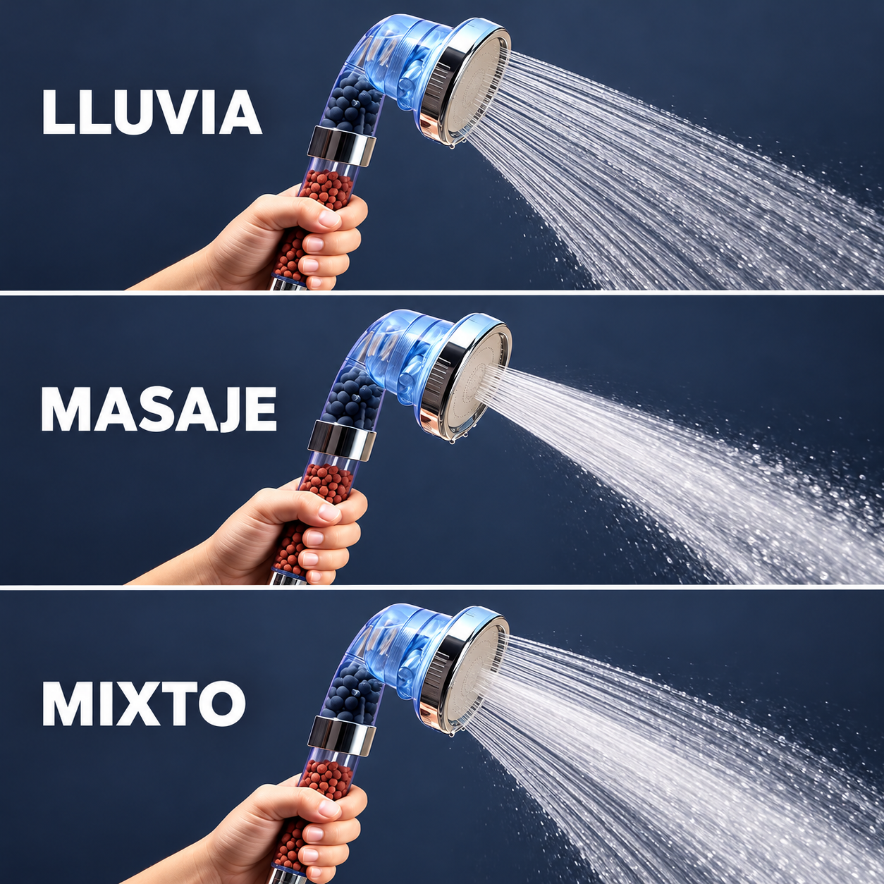 Duchero azul en los modos lluvia, masaje y mixto