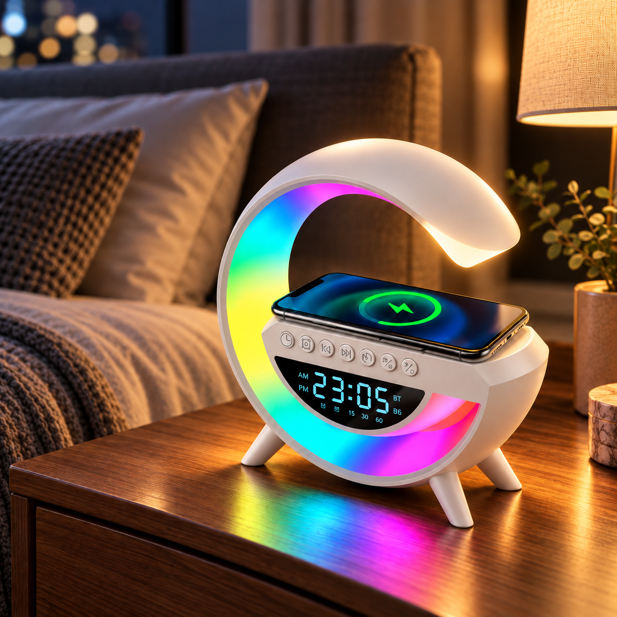 Lámpara G RGB en una mesa de luz con celular compatible