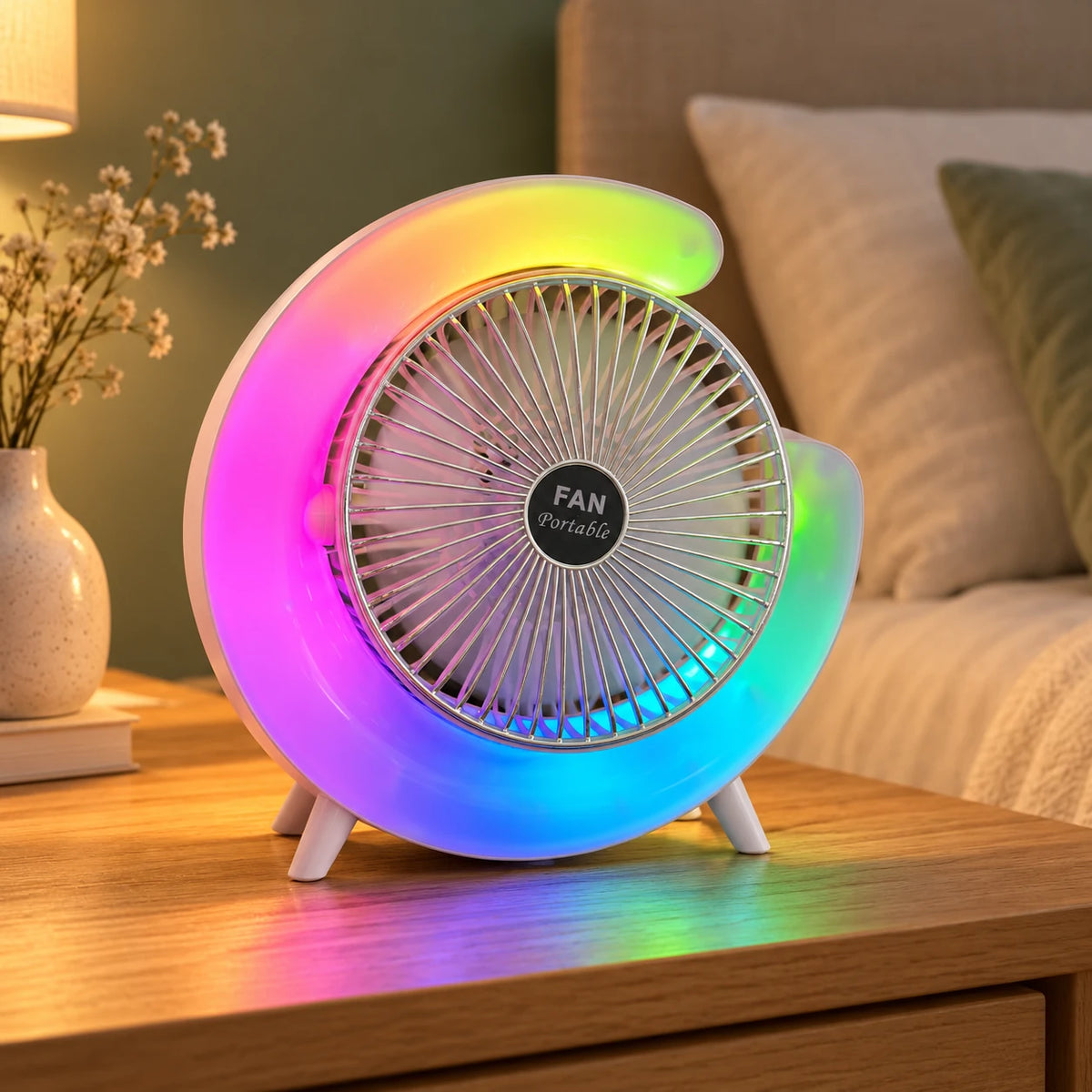 Ventilador portátil con luces LED - dormitorio